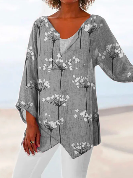 

V Neck Casual Loose Floral Linen Style Shirt, Gray, Blouses & Shirts
