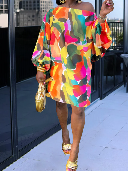 

Vacation Loose Abstract Asymmetrical Long Sleeve Short Dress, As picture, Mini Dresses