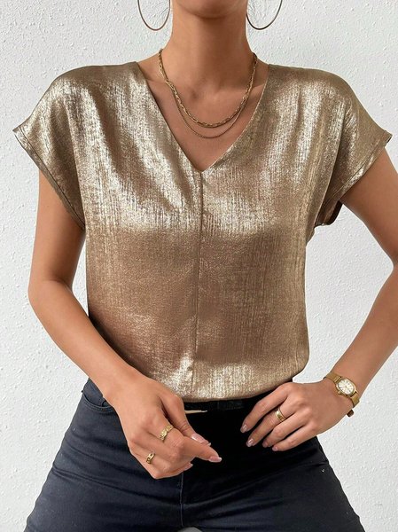 

V Neck Short Sleeve Plain Regular Loose Shirt For Women, Golden, Blouses