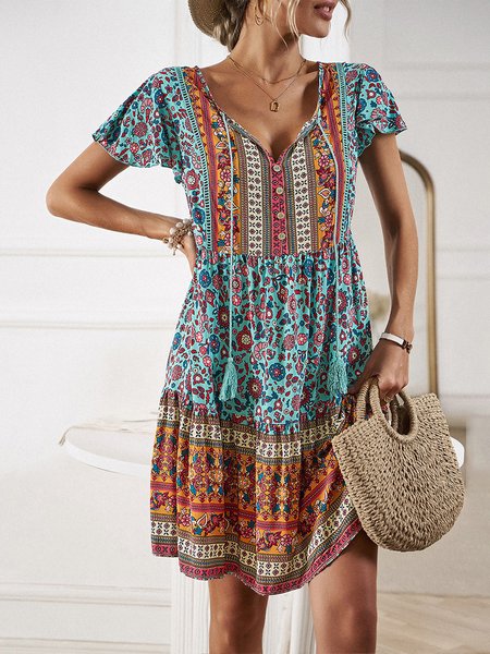 

Women Ethnic V Neck Short Sleeve Comfy Casual Short Dress, Sky blue, Dresses