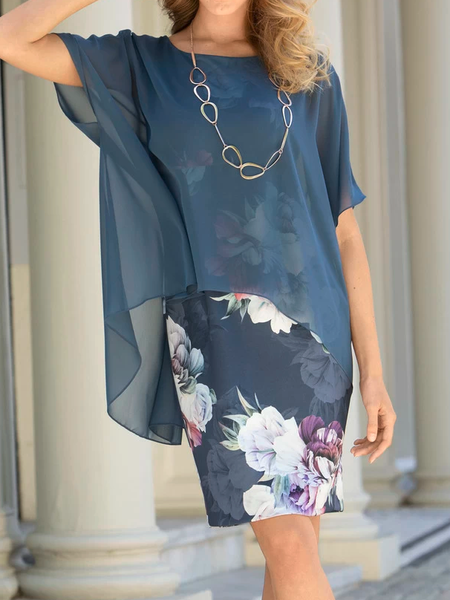 

Floral Elegant Crew Neck Dress, Blue, Dresses