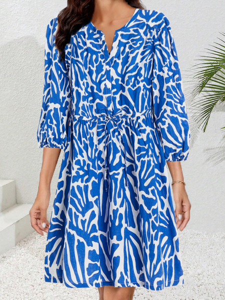 

Women Abstract V Neck Half Sleeve Comfy Vacation Short Dress, Blue, Dresses