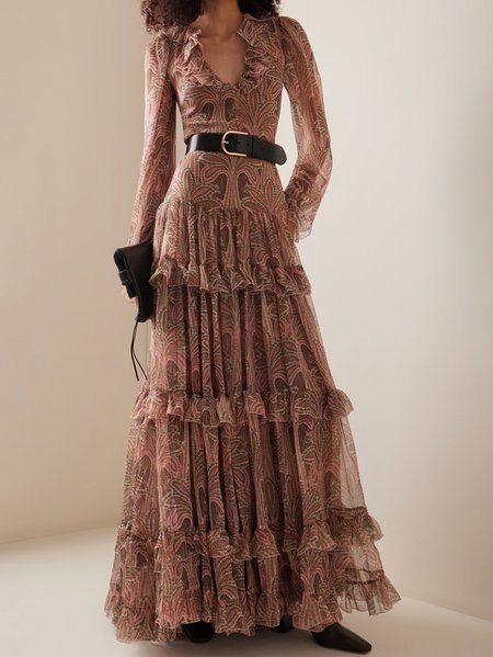 

Women Ethnic V Neck Long Sleeve Comfy Boho Maxi Dress, Brown, Dresses