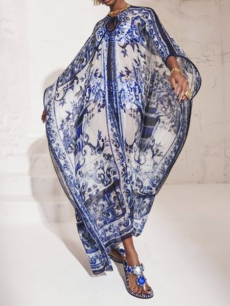 

Chiffon Ethnic Vacation Drawstring Dress, Blue, Maxi Dresses