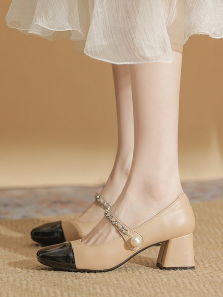 

Elegant Color-block Chain Braided Chunky Heel Mary Jane Shoes, Khaki, Heels