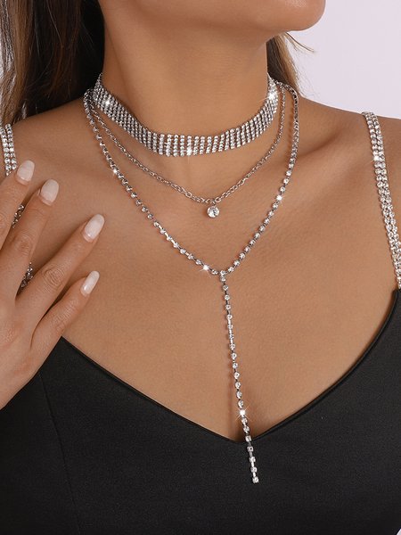

1 Set Multi-Layered Rhinestone Tassel Y-Shape Necklace, Silver, Necklaces