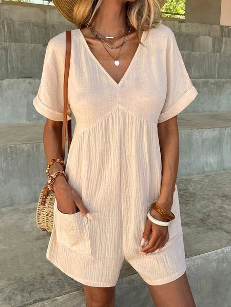 

Loose V Neck Casual Jumpsuit, Apricot, Jumpsuits＆Rompers