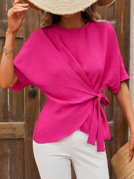 

Crew Neck Short Sleeve Plain Regular Loose Shirt For Women, Rose red, Blouses