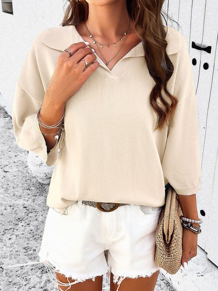 

Shawl Collar Half Sleeve Plain Regular Loose Shirt For Women, Apricot, Blouses