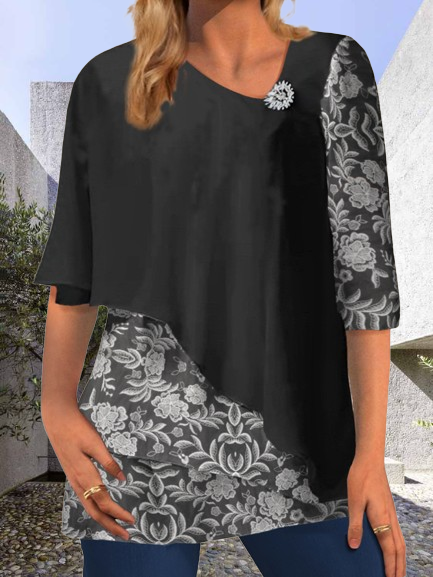 

Asymmetrical Cap Sleeve Plain Lace Regular High Elasticity Loose Blouse For Women, Black, Blouses