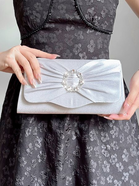 

Rhinestone Ruched Party Satin Clutch Bag with Crossbody Chain Strap, Silver, Bags