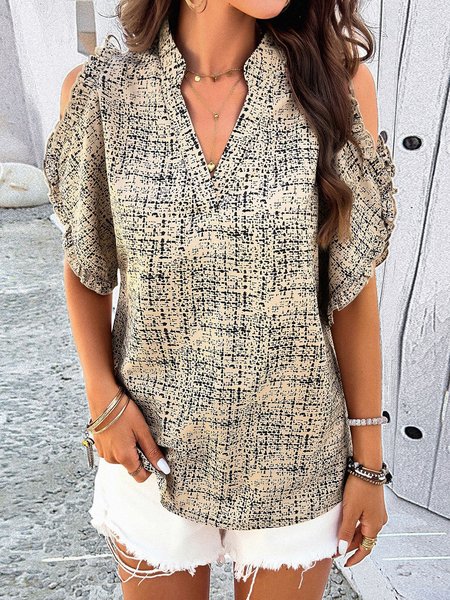 

V Neck Short Sleeve Geometric Regular Loose Shirt For Women, Khaki, Blouses