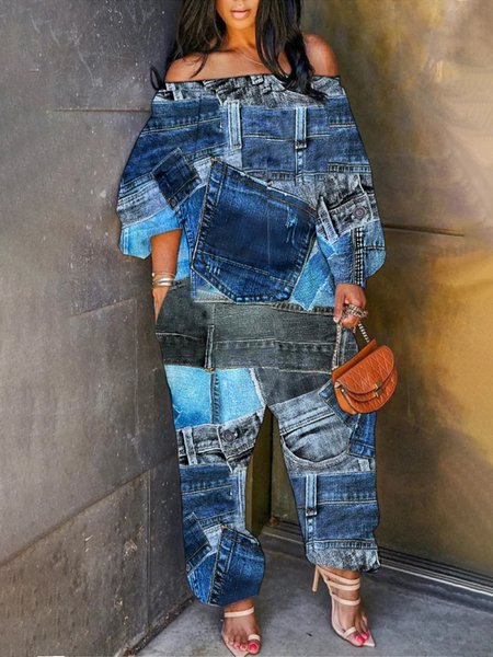 

Urban Cold Shoulder Abstract Loosen Jumpsuit, Blue, Jumpsuits