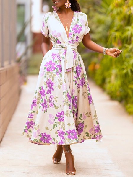 

Vacation Floral V Neck Pockets Dress With Belt, Purple, Midi Dresses