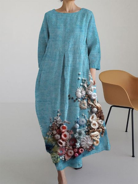 

Crew Neck Floral Loose Casual Dress, Blue, Dresses