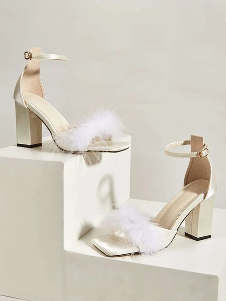 

Fluffy Imitation Feather Satin Chunky Heeled Ankle Strap Sandals, Beige, Heels