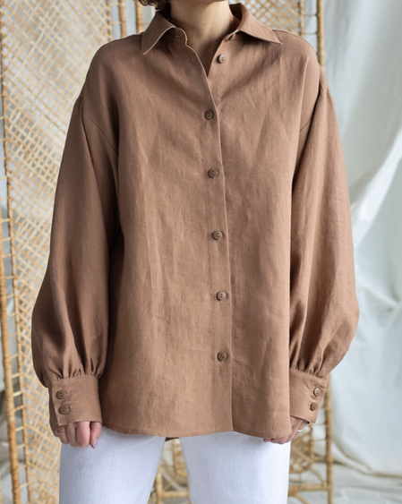 

Cotton Simple Loose Linen Style Blouse, Brown, Blouses & Shirts