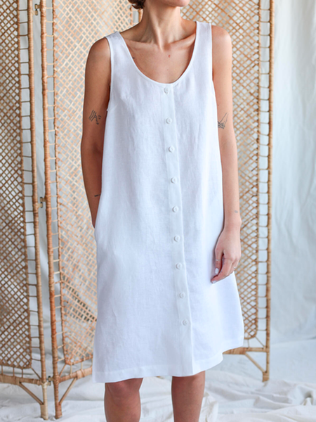 

Simple Cotton Plain Linen Style Dress With Belt, White, Midi Dresses