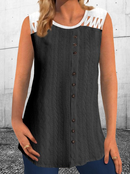 

Casual Plain Crew Neck Sleeveless T-shirt, Black, T-shirts