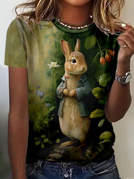 

Plus Size Casual Rabbit Loose T-Shirt, Green, T-Shirts
