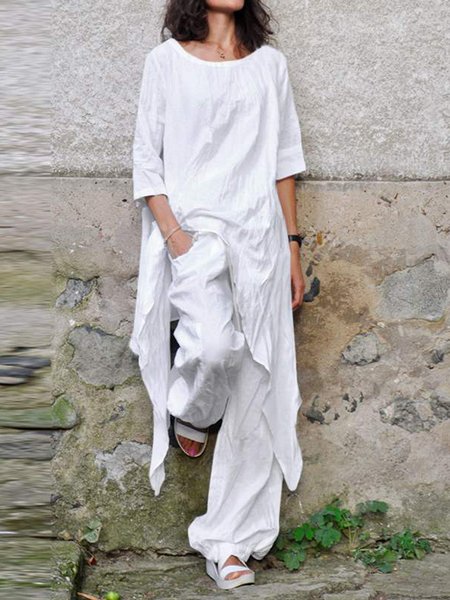 

Women Plain Crew Neck Three Quarter Sleeve Comfy Casual Top With Pants Two-Piece Set, White, Sets