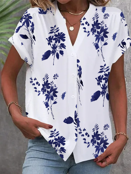 

V Neck Loose Floral Simple Linen Style Blouse, Blue, Blouses & Shirts