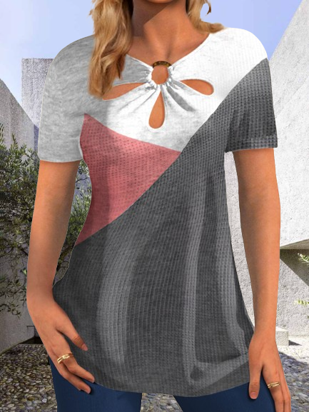 

Casual Color Block Notched Short Sleeve T-shirt, Multicolor, T-shirts