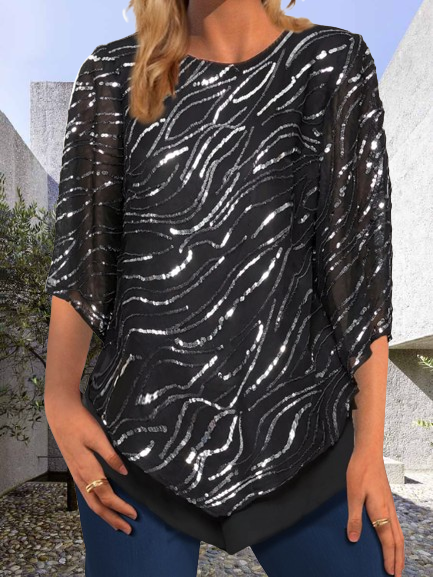 

Crew Neck Cap Sleeve Plain Regular Loose Blouse For Women, Black, Blouses