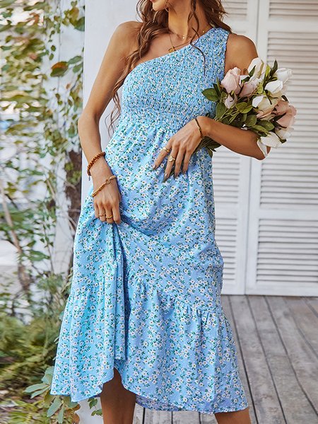 

Women Small Floral One Shoulder Sleeveless Comfy Casual Midi Dress, Blue, Dresses