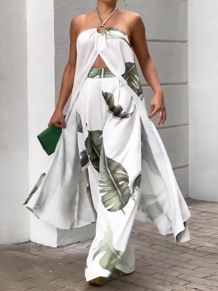

Women Leaf Cold Shoulder Sleeveless Comfy Casual Top With Pants Two-Piece Set, White, Sets
