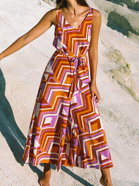 

Women Sleeveless V Neck Loose Ankle Pants Daily Casual Geometric Natural Jumpsuit, Orange, Jumpsuits&Rompers