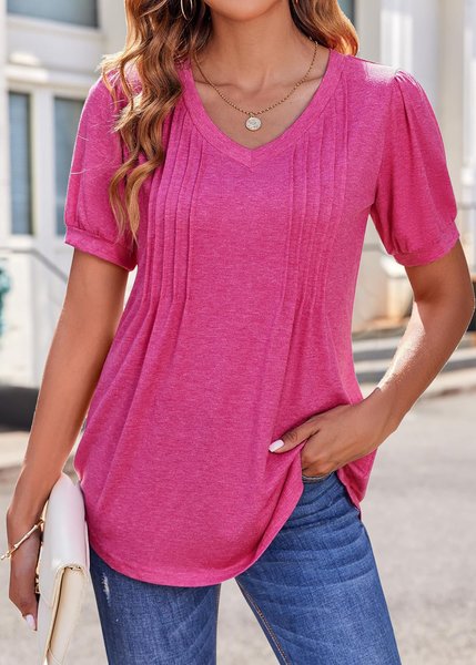 

Loose V Neck Plain Elegant Shirt, Deep pink, Shirts & Blouses