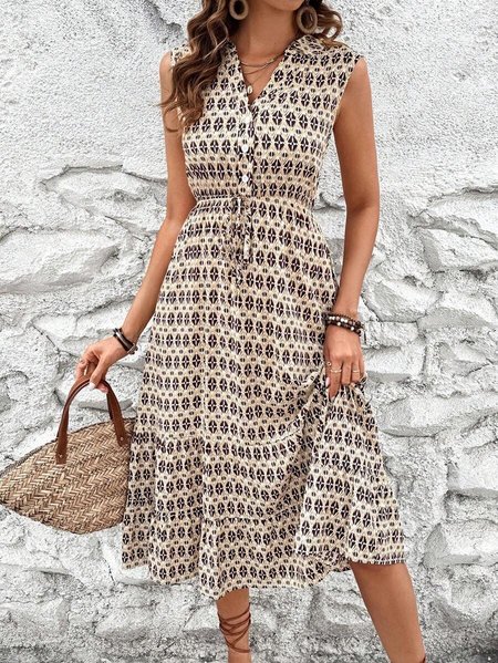 

Casual Loose V Neck Geometric Dress, Khaki, Dresses