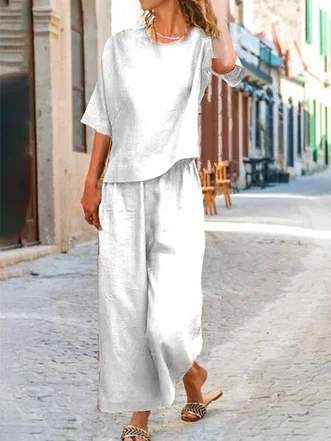 

Casual Cotton Plain Linen Style Two-Piece Set, White, Suits