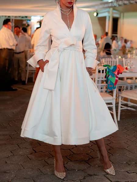 

Elegant Regular Fit Stand Collar Plain Midi Dress With Belt, White, Midi Dresses