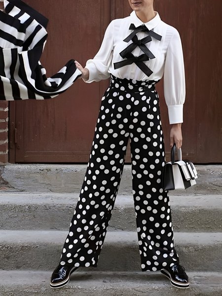 Polka Dots Urban Pocket Stitching Regular Fit Fashion Pants, Black, Pants