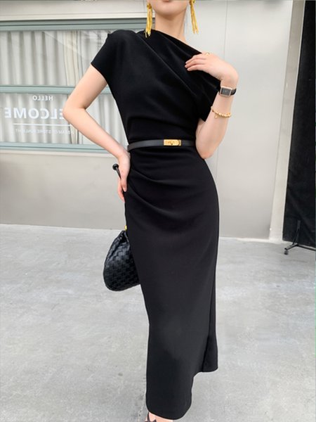 

Short Sleeve Asymmetrical Urban Regular Fit Dress, Black, Maxi Dresses