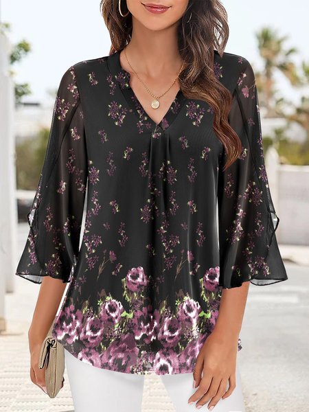 

Flare Sleeve Cross Elegant Notched Floral Shirt, Black, Shirts & Blouses
