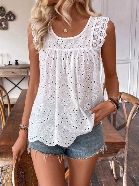 

Crew Neck Cotton Casual Plain Tank Top, White, Tanks & Camis