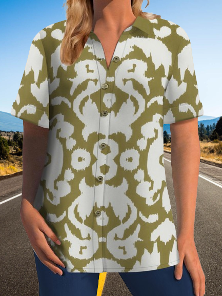 

Shirt Collar Short Sleeve Ethnic Regular Loose Blouse For Women, Green, Blouses