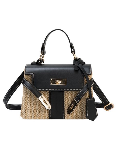 

Vacation Color-block Weave Handbag Twist Lock Crossbody Bag, Black, Bags