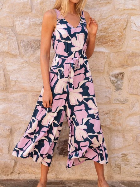 

Women Sleeveless V Neck Loose Ankle Pants Daily Casual Leaf Natural Jumpsuit, Purplish blue, Jumpsuits&Rompers