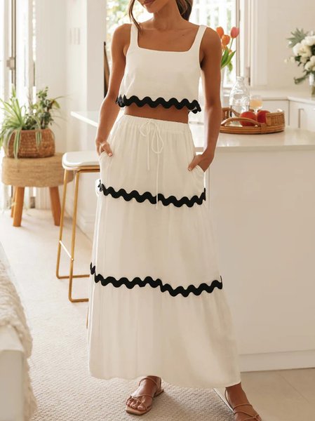 

Women Color Block Spaghetti Sleeveless Comfy Casual Top With Skirt Two-Piece Set, White, Sets