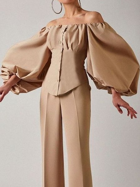 

Boat Neck Loose Urban Plain Blouse, Khaki, Blouses and Shirts