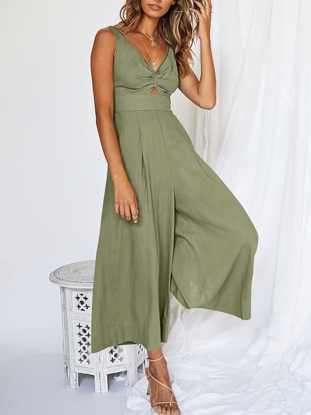 

Women Sleeveless V Neck Loose Long Daily Casual Plain Natural Jumpsuit, Army green, Jumpsuits&Rompers