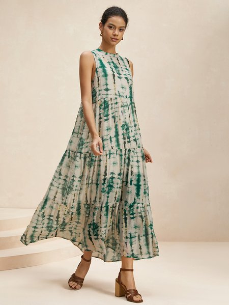 

Women Abstract Crew Neck Sleeveless Comfy Vacation Maxi Dress, Green, Maxi