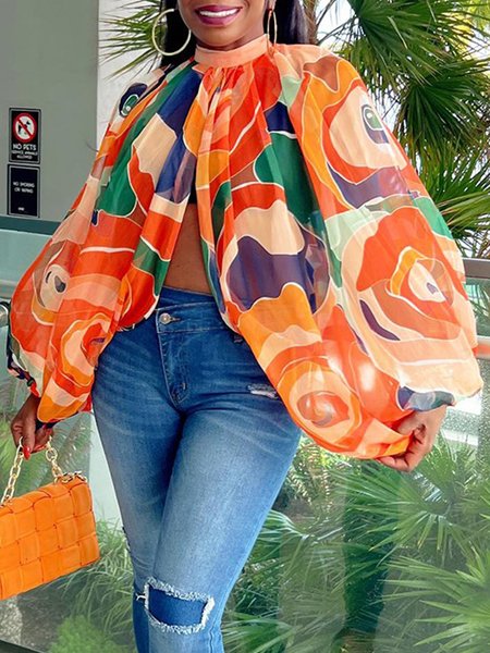 

Floral Loose Vacation Stand Collar Shirt, Orange, Blouses and Shirts