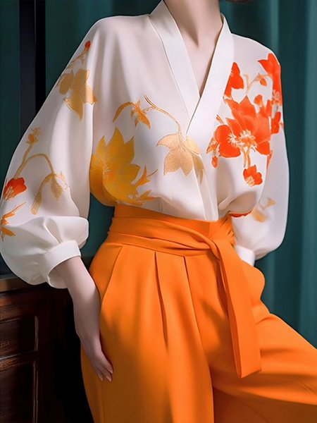 

Plus Size Daily V Neck Regular Fit Urban Floral Shirt, White, Plus Tops