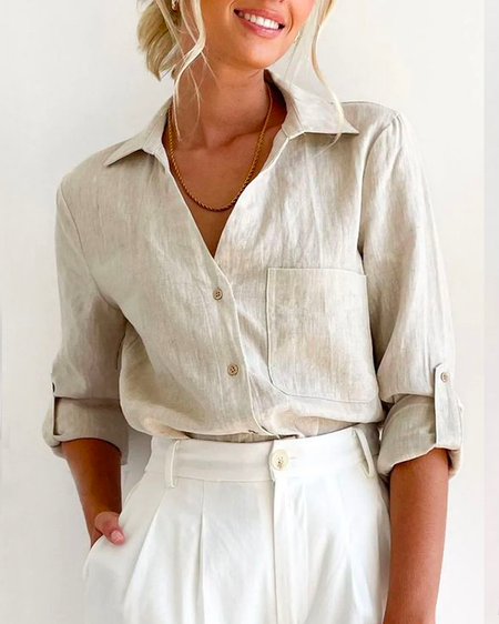 

Shirt Collar Loose Casual Plain Linen Style Blouse, Apricot, Blouses & Shirts