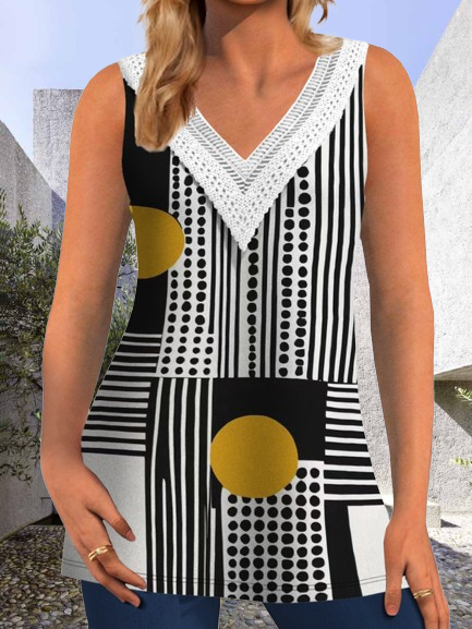

Casual Geometric V Neck Sleeveless T-shirt, Black-white, T-shirts